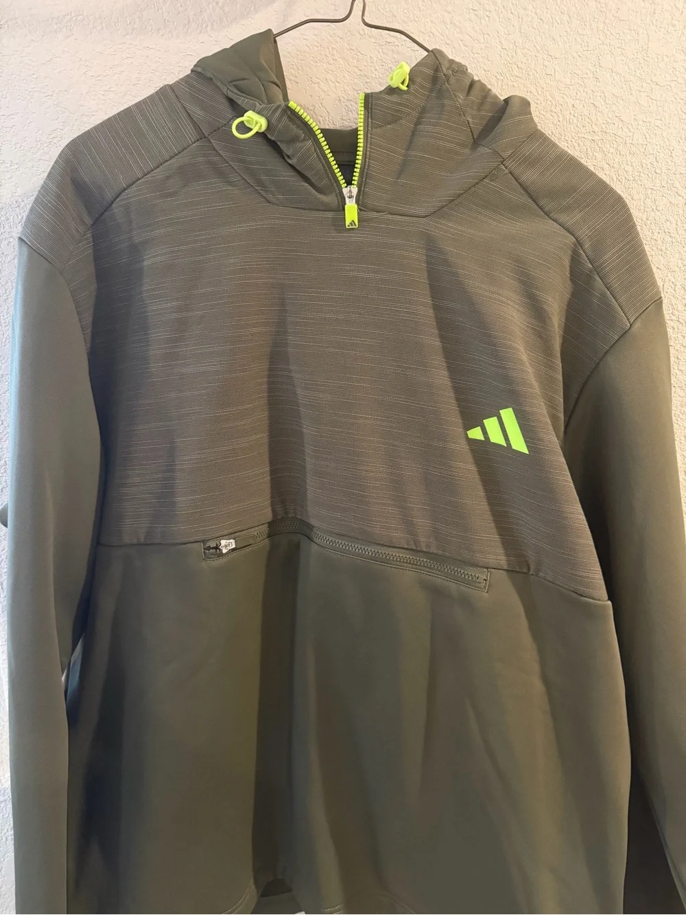 adidas Olive Green Hooded Pullover with Neon Accents